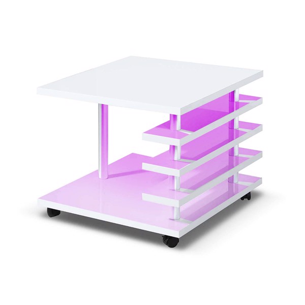 Coffee Table with Led Lights，Mobile White End Table with 4 Universal Wheels,High Gloss Modern Coffee Table for Living Room, Hotel, Bar, Club.