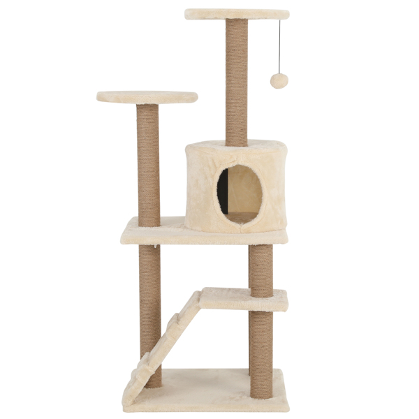48.82" indoor cat tree, multi-level cat tree flat with scratching post, ladder, plush toy, spacious cat hole and large platform, suitable for all kinds of cats, light brown