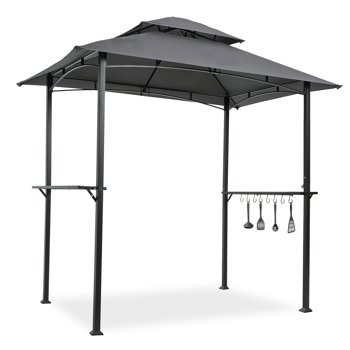 Outdoor Grill Gazebo 8 x 5 Ft, Shelter Tent, Double Tier Soft Top Canopy and Steel Frame with hook and Bar Counters, Grey [Sale to Temu is Banned.Weekend can not be shipped, order with caution]