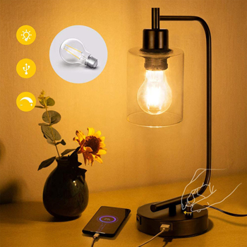 Stepless Dimmable Industrial Table Lamps with 2 USB Ports & AC Outlet, Bedside Nightstand Desk Lamps with Seeded Glass Shades for Bedroom Dorm Living Room