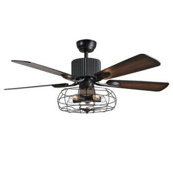 64W 52 Inch Matte Black Wrought Iron Spray Paint 5 Leaves With Remote Control Industrial Wind Fan Lamp Chandelier