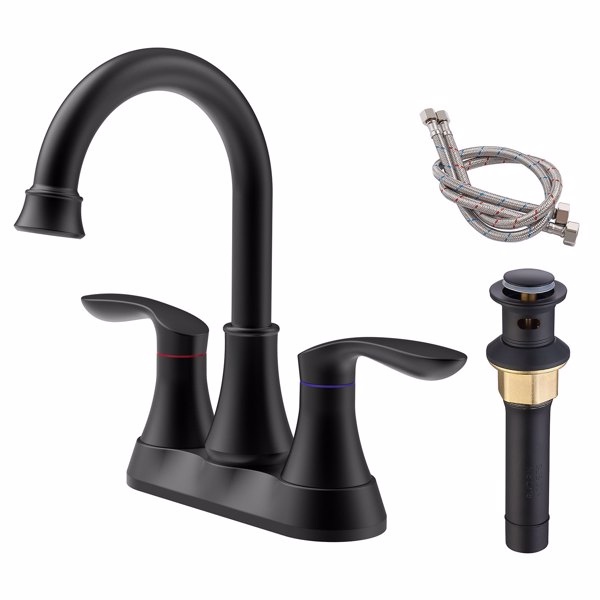 Bathroom Faucet Matte Black with Pop-up Drain & Supply Hoses 2-Handle 360 Degree High Arc Swivel Spout Centerset 6 Inch Vanity Sink Faucet 4011B-MB[Unable to ship on weekends, please place orders with