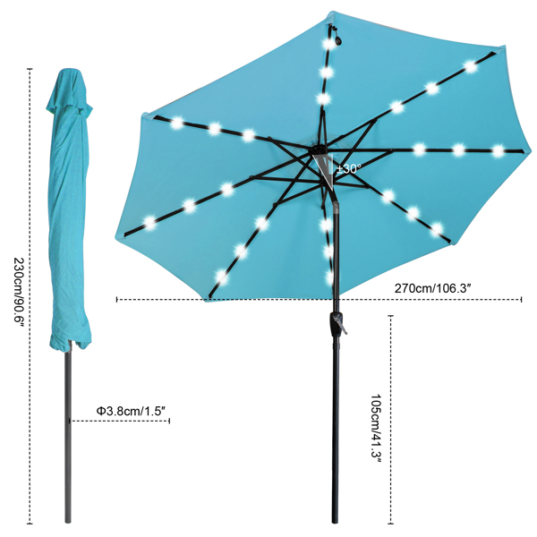 2.7M Garden Parasol with Solar-Powered LED Lights, Patio Umbrella with 8 Sturdy Ribs, Outdoor Sunshade Canopy with Crank and Tilt Mechanism UV Protection for Deck, Patio and Balcony