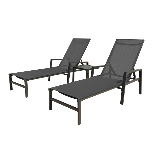 Outdoor 3-Pcs Set Chaise Lounge Chairs With Table,Five-Position Adjustable Aluminum Recliners Set