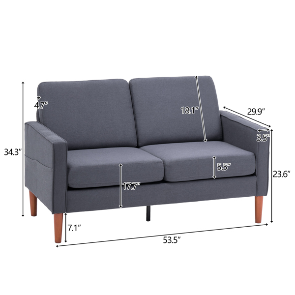 135*76*85cm Linen Solid Wood Legs II Double Seat Without Chaise Concubine Solid Wood Frame Can Be Combined With Single Seat Three Seat Indoor Modular Sofa Dark Grey