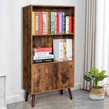 Bookcase, 2-Tier Bookshelf with Doors, Storage Cabinet for Books, Photos, Decorations, in Living Room, Office, Library（Vintage）