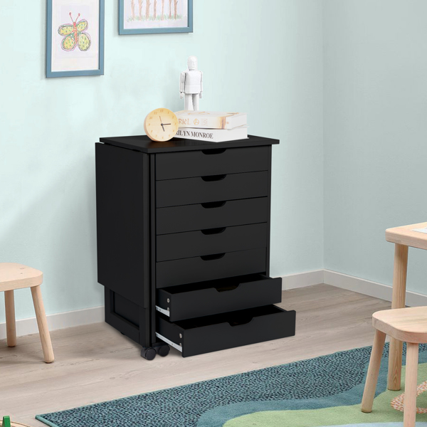 Wood Filing Cabinet, 7 Drawer Gate Leg Roll Cart with Desk Black Color