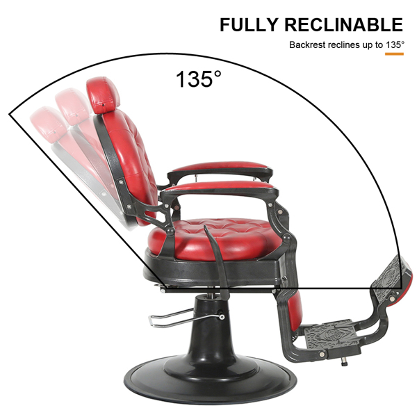 PVC Leather, Aluminum Alloy Frame, Extra Large Pump Disc With Towel Rack, Reclining 300lbs Barber Chair Red