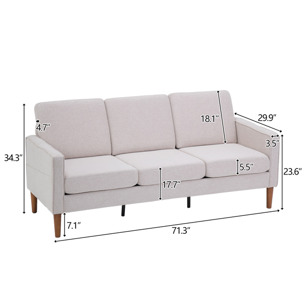 180*76*85cm Linen Solid Wood Legs Second Generation Three Seats Without Chaise Concubine Solid Wood Frame Can Be Combined With Single Seat Double Seat Indoor Modular Sofa Creamy White