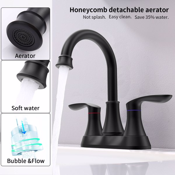 Bathroom Faucet Matte Black with Pop-up Drain & Supply Hoses 2-Handle 360 Degree High Arc Swivel Spout Centerset 6 Inch Vanity Sink Faucet 4011B-MB[Unable to ship on weekends, please place orders with