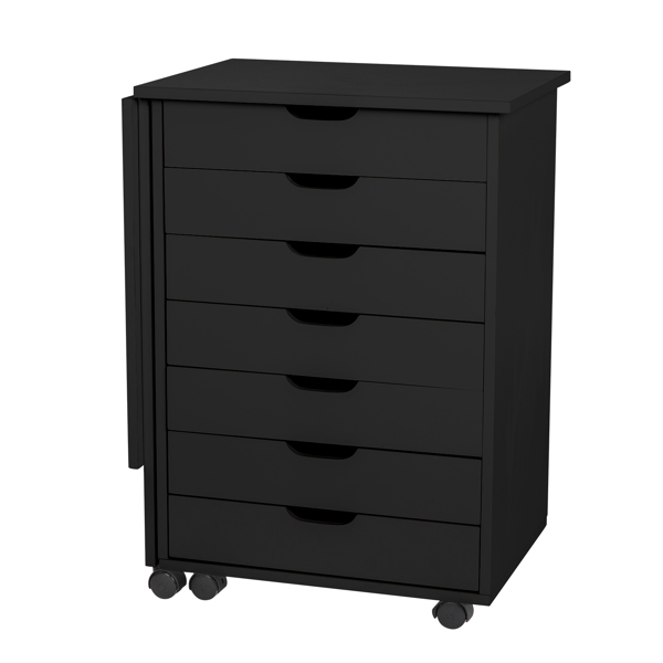 Wood Filing Cabinet, 7 Drawer Gate Leg Roll Cart with Desk Black Color