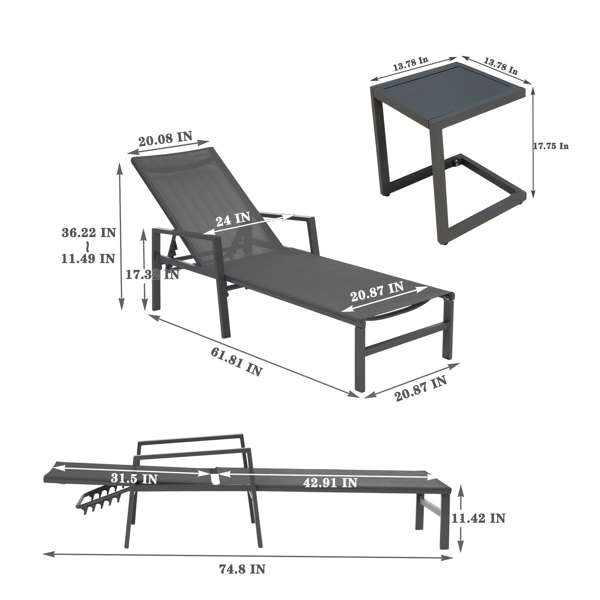 Outdoor 3-Pcs Set Chaise Lounge Chairs With Table,Five-Position Adjustable Aluminum Recliners Set