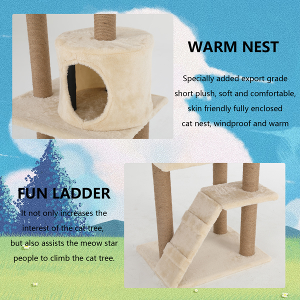 48.82" indoor cat tree, multi-level cat tree flat with scratching post, ladder, plush toy, spacious cat hole and large platform, suitable for all kinds of cats, light brown