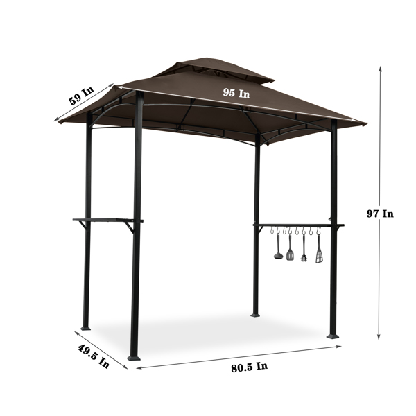  Outdoor Grill Gazebo 8 x 5 Ft, Shelter Tent, Double Tier Soft Top Canopy and Steel Frame with hook and Bar Counters, Brown
