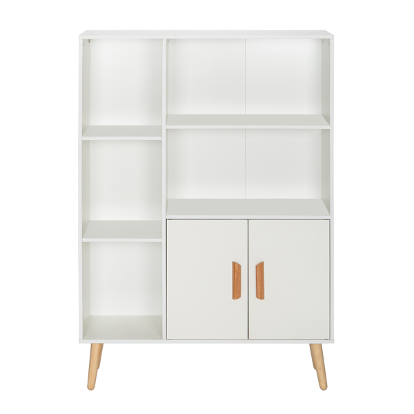 Storage Cabinet, Free Standing Wooden Display Bookcase with Double Doors, 2 Shelves, 3 Cubes and 4 Legs, Side Cabinet Decor Furniture for Home Office