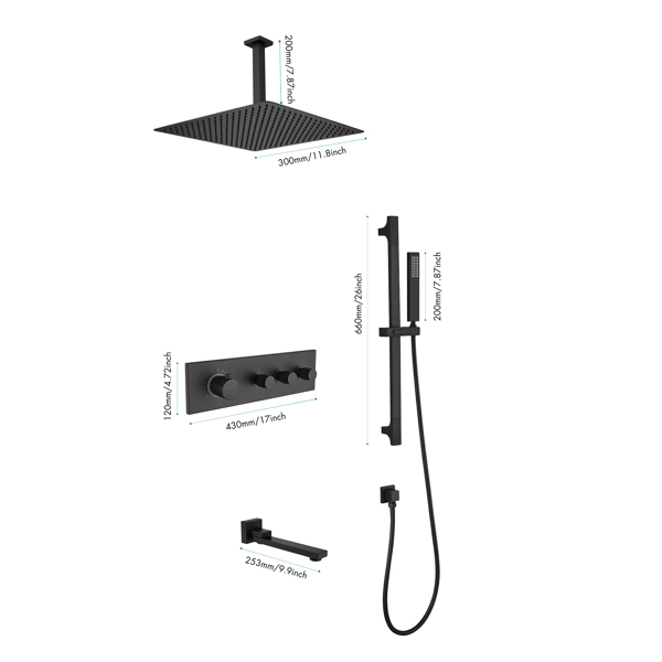  Rainfall Showerhead Thermostatic Shower System Shower Faucets Complete Set (Black)