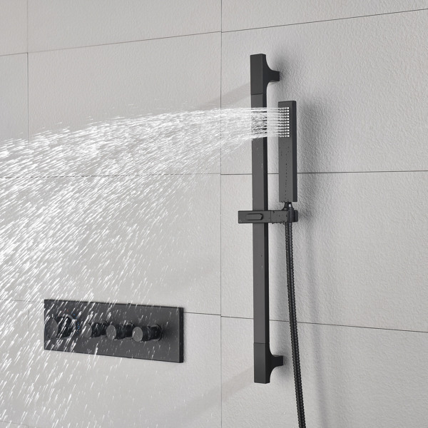  Rainfall Showerhead Thermostatic Shower System Shower Faucets Complete Set (Black)