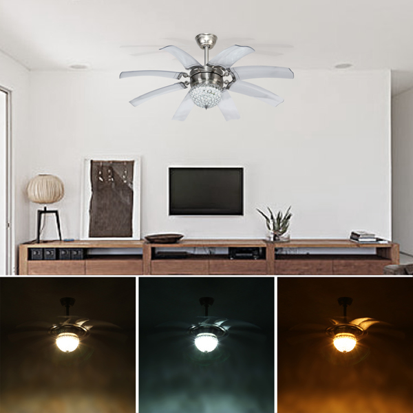 47.2 Inches Clear Crystal Ceiling Lamp Fan Light, LED 3 Color Setting Fan Chandelier Decorative Pendant Light with 8 Retractable Blades and Remote Control