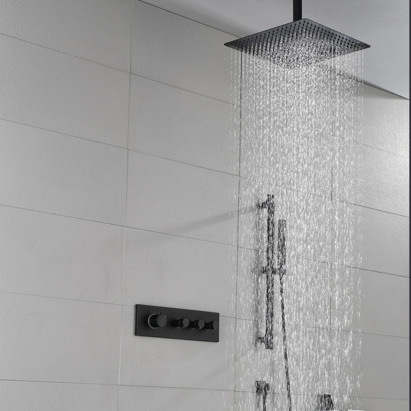  Rainfall Showerhead Thermostatic Shower System Shower Faucets Complete Set (Black)