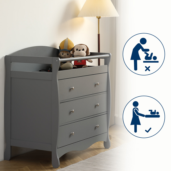 90*58*99cm Three Drawers With Seat Belt Baby Wooden Bed Nursing Table Grey