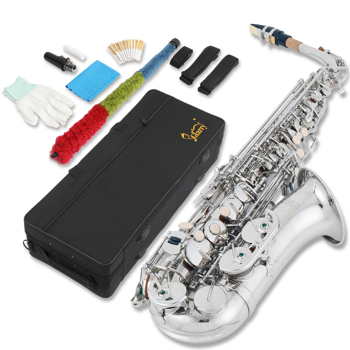 [Do Not Sell on Amazon] Glarry Silver Alto Saxophone Eb Flat with Carrying Sax Case Mouthpiece Straps Reeds