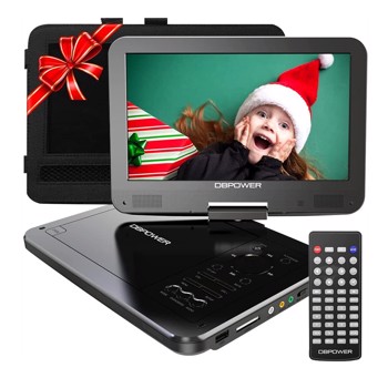 DBPOWER 12\\" Portable DVD Player with 5-Hour Rechargeable Battery, 10\\" Swivel Display Screen and SD/ USB Port, with 1.8m Car Charger, Power Adaptor and Car Headrest Mount, Region Free (Black)