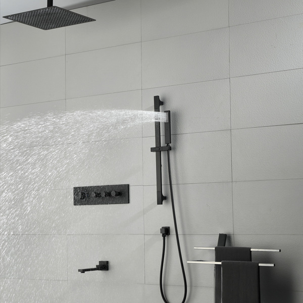  Rainfall Showerhead Thermostatic Shower System Shower Faucets Complete Set (Black)