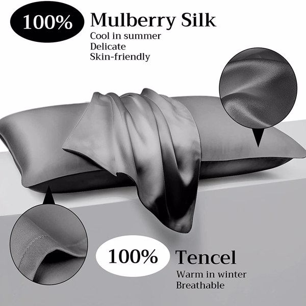 Lacette Silk Pillowcase 1 Pack for Hair and Skin, 100% Mulberry Silk, Double-Sided Silk Pillow Cases with Hidden Zipper (Deep Gray, queen Size: 20" x 30"), (FBA 发货，周末不发货)