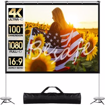 Projector Screen with Stand, 100 inch Outdoor Movie Screen with Tripods, 16:9 4K HD for Backyard Home Theater Outside Movie Night Camping w Carry Bag (100 Inch)