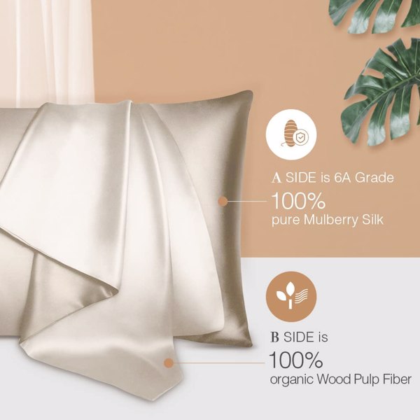 Silk Pillowcase for Hair and Skin 1 Pack, 100% Mulberry Silk & Natural Wood Pulp Fiber Double-Sided Design, Silk Pillow Covers with Hidden Zipper (queen size:20" x 30", Champagne Gold) 周末不发货
