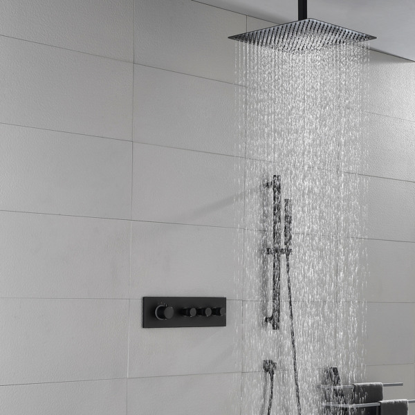  Rainfall Showerhead Thermostatic Shower System Shower Faucets Complete Set (Black)