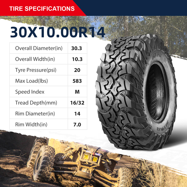 Set 2 30x10x14 UTV Tires 10Ply Heavy Duty All Terrain 30x10R14 Replacement Tires