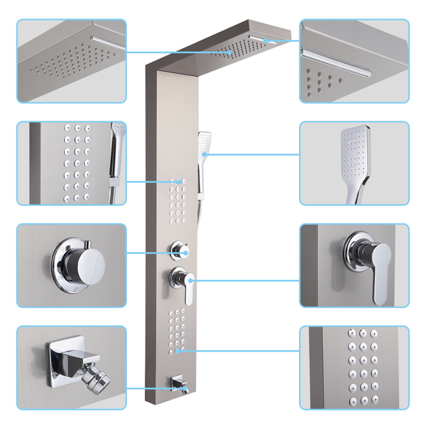 48 inch Shower Panel Tower System Stainless Steel 5 in 1 Multi-Function Shower Panel with Spout Rainfall Waterfall Massage Jets Tub Spout Hand Shower for Home Hotel Resort Split Type -Silver