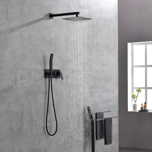 Brass Matte Black Shower Faucet Set Shower System 10 Inch Rainfall Shower Head with Handheld Sprayer Bathroom Luxury Rain Mixer Combo