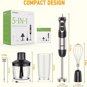 FUNAVO hand blender, 800W 5-in-1 Immersion Hand Blender,12-Speed Multi-function Stick Blender with 500ml Chopping Bowl, Whisk, 600ml Mixing Beaker, Milk Frother Attachments, BPA-Free