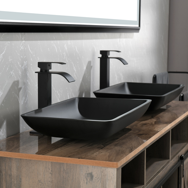 14.38" L -22.25" W -13.0" H Matte Shell  Glass Rectangular Vessel Bathroom Sink in Black with  Faucet and Pop-Up Drain in Matte Black