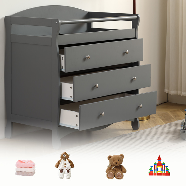 90*58*99cm Three Drawers With Seat Belt Baby Wooden Bed Nursing Table Grey