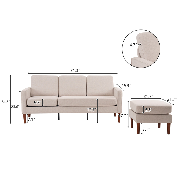 182*73*73cm Fabric Art 2nd Generation American Armrest 3 Persons With Concubine Pedal Indoor Modular Sofa Beige