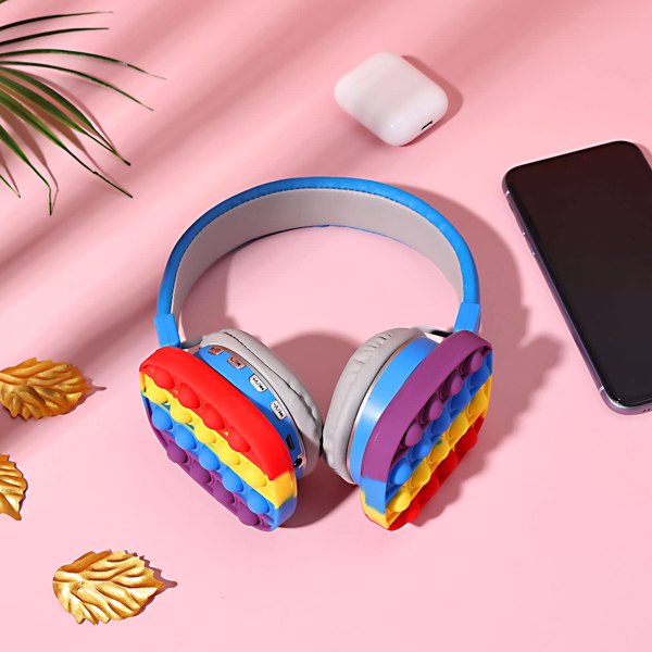 Fidget Headphones Kids Toy Headset, Wireless Bluetooth Headphone Pop Bubble On-Ear Headphone Fidget Toy Rainbow Color Fidget Headset for Children Adults (Blue)