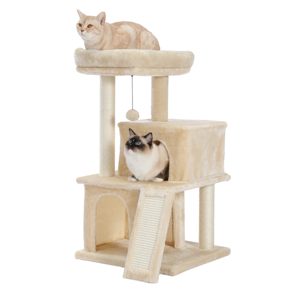 Modern Small Cat Tree Cat Tower With Double Condos Spacious Perch Sisal Scratching Posts，Climbing Ladder and Replaceable Dangling Balls Beige (Minimum Retail Price for US: USD 79.99)