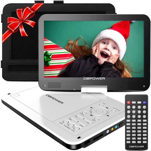 DBPOWER 12" Portable DVD Player with 5-Hour Rechargeable Battery, 10" Swivel Display Screen, SD/ USB Port, with 1.8m Car Charger, Power Adaptor, Car Headrest Mount, Region Free-White, (FBA 发货，周末不发货)