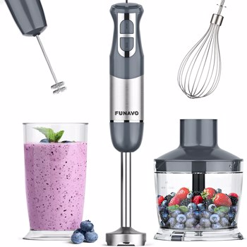 FUNAVO Immersion Hand Blender, 5-in-1 Multi-Function 12 Speed 800W Stainless Steel Handheld Stick Blender with Turbo Mode, 600ml Beaker, 500ml Chopping Bowl, Whisk, Frother Attachments, BPA-Free 