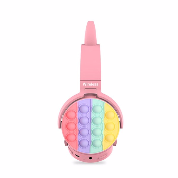 Fidget Headphones Kids Toy Headset, Wireless Bluetooth Headphone Pop Bubble On-Ear Headphone Fidget Toy Rainbow Color Fidget Headset for Children Adults (Pink-Cat)