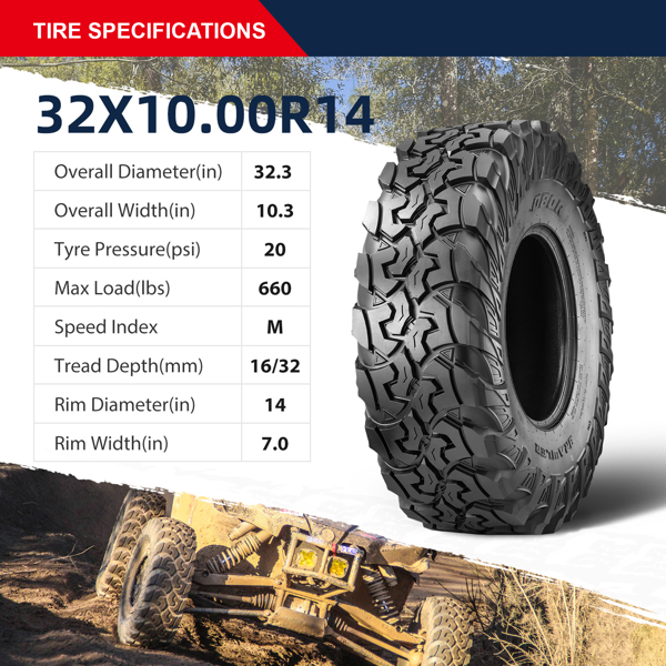 Set 2 32x10x14 UTV Tires 10Ply Heavy Duty All Terrain 32x10R14 Replacement Tires
