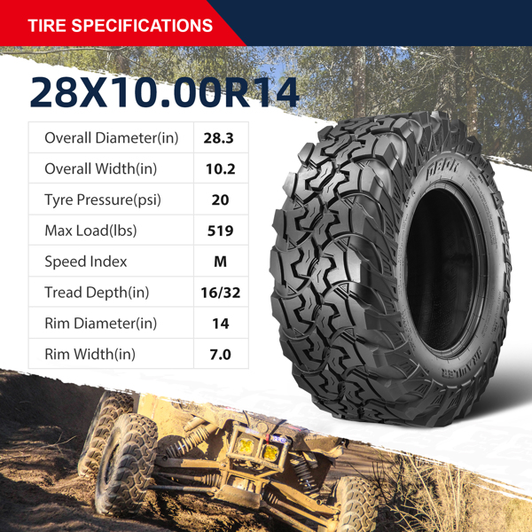 Set 2 28x10x14 UTV Tires 10Ply Heavy Duty All Terrain 28x10R14 Replacement Tires