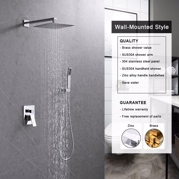Shower System Shower Faucet Combo Set Wall Mounted with 12" Rainfall Shower Head and handheld shower faucet, Chrome Finish with Brass Valve Rough-In[Unable to ship on weekends, please place orders wit