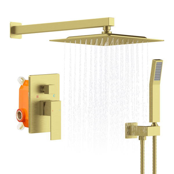 Shower System Shower Faucet Combo Set Wall Mounted with 12" Rainfall Shower Head and handheld shower faucet, Brushed Gold Finish with Brass Valve Rough-In[Unable to ship on weekends, please place orde