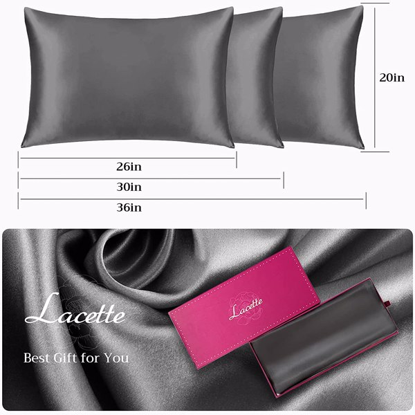 Lacette Silk Pillowcase 2 Pack for Hair and Skin, 100% Mulberry Silk, Double-Sided Silk Pillow Cases with Hidden Zipper (Deep Gray, Queen Size: 20" x 30")