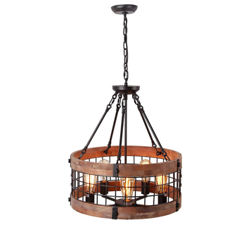 Round Wooden Chandelier Metal Pendant Five Lights Decorative Lighting Fixture Antique Ceiling Lamp (Five Lights)