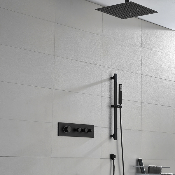  Rainfall Showerhead Thermostatic Shower System Shower Faucets Complete Set (Black)